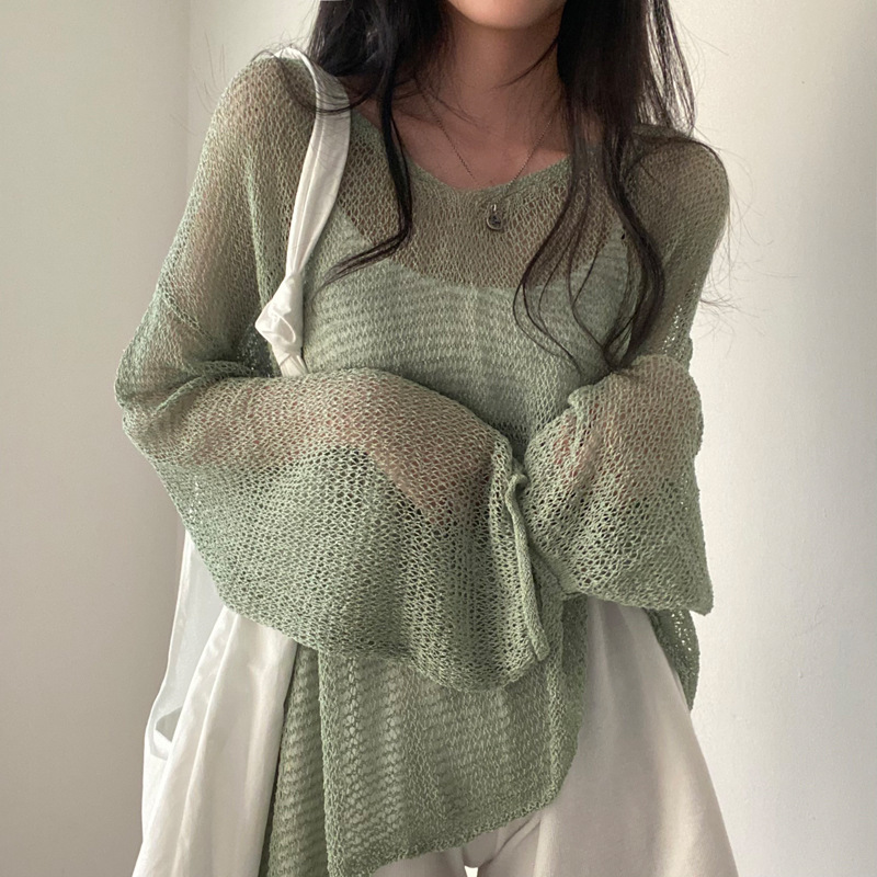 Hollow-out Knitted Sunscreen Shirt Women's Spring and Summer Outer Thin Blouse 2023 Korean Style New Lazy Style Sweater Long Sleeve Top