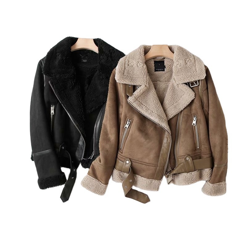Cross-Border Women's Clothing Manufacturer Wholesale 2025 New Large Lapel Women's Thickened Motorcycle Suede Fur All-In-One Jacket
