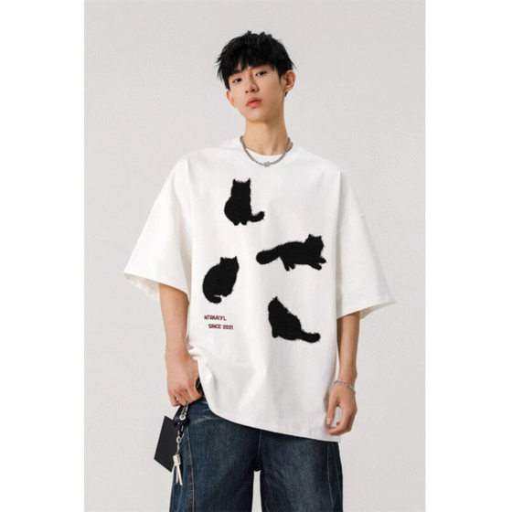Short-sleeved T-shirt Men's 2025 Summer New American Fashion Brand 220g Heavy Cat Printed Loose Half-sleeved T-shirt