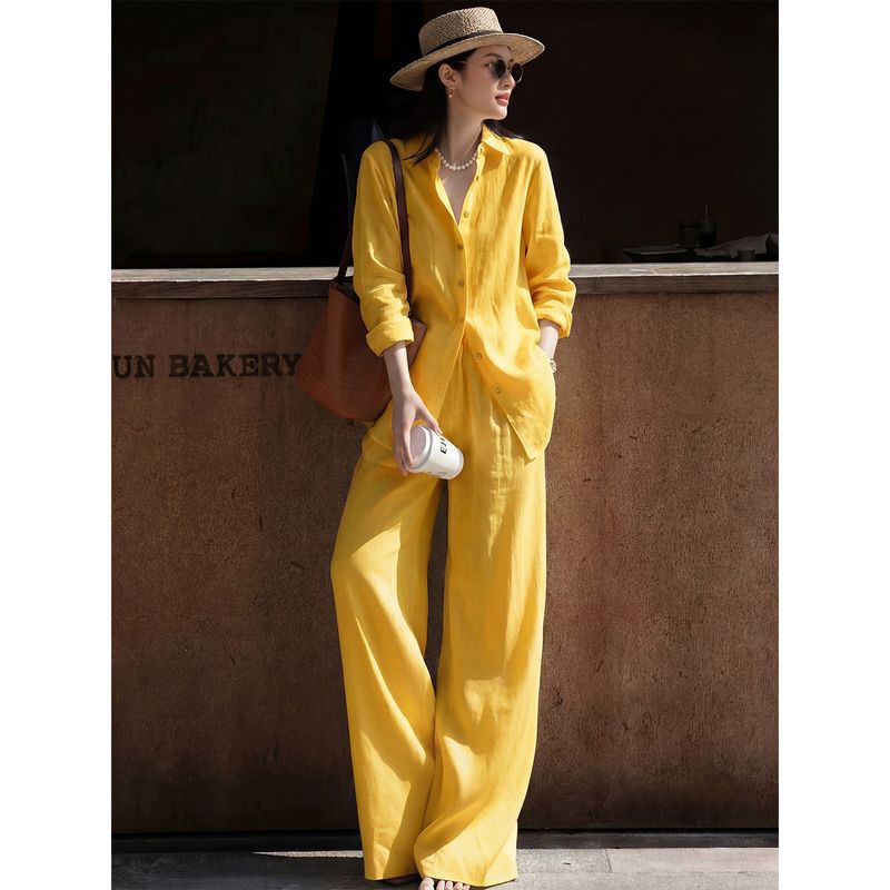 High-End Shirt Set for Women, Spring and Summer, Relaxed and Lazy Style, Yellow, Intellectual Old Money Style Outfit, Complete Set High-End Shirt Set for Women, Spring and Summer, Relaxed and Lazy Style, Yellow, Intellectual Old Money Style Outfit, Complete Set