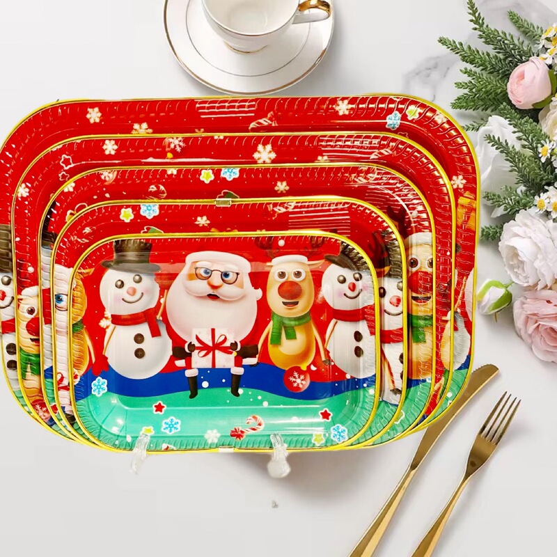 European and American Best-Selling Christmas Reusable Dinner Plates, Rectangular Floral Paper Plates, Holiday Tableware, Cute Snack Dishes