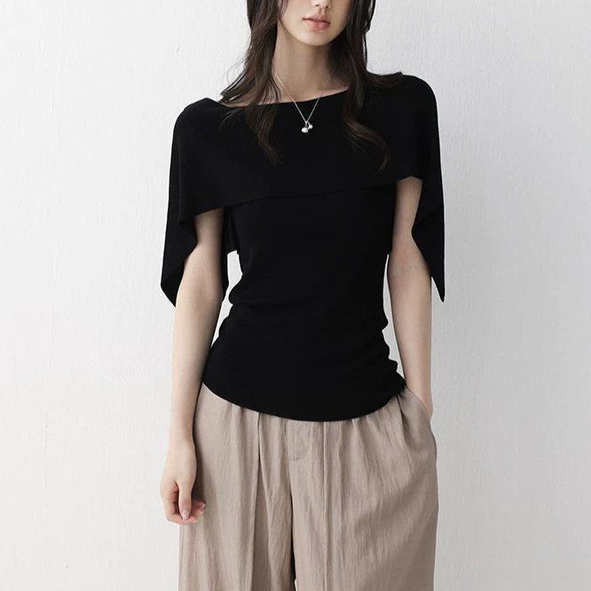 Chacha Ice-Feel Lyocell Minimalist Shawl Collar Knitted Sweater Women's Summer Flowy Short-Sleeve T-Shirt Top