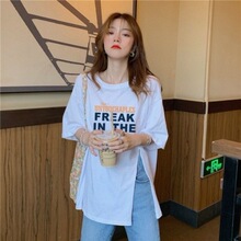 roora不规则开叉短袖女2025新款宽松中长款t恤韩版潮牌字母上衣服