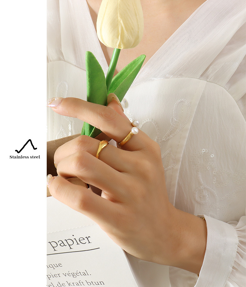 Artificial Pearls Inlay Material Open Ring Classification 18K Gold Plating Color PVD Coated Real Gold Plated 18K Gold Geometric 304 Stainless Steel Fashion Waterproof Non Tarnish Open Ring