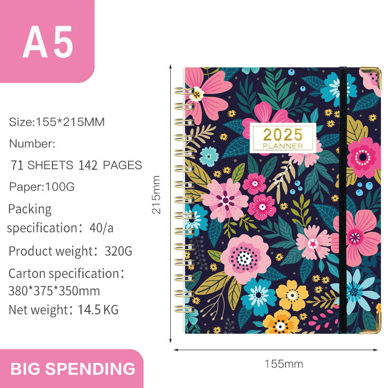 Versión en inglés transfronteriza 2025 Bloc de notas A5 Libro de círculo de doble línea Libro de planificación semanal en inglés Libro de planificación de horarios de gestión