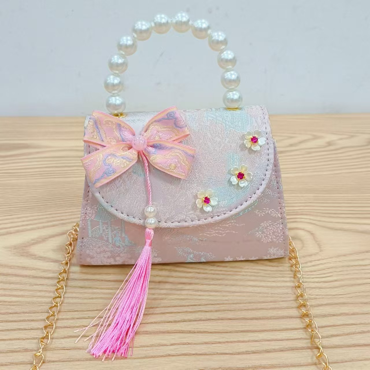 Bolsas de niños arco de estilo chino bordilla accesorios de niñas bolsas de mano princesa de perlas bolsa de cambio