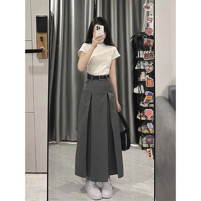 スーツの灰色のa字の傘のスカートの半身のスカートの女性の大きいサイズの太っているmmの春夏の高い腰はやせている中の長いタイプの百のスカートを現します。|undefined