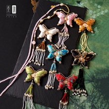 双面宋锦蝴蝶吊坠水晶挂链多色可选佛牌唐卡吊坠链汉服旗袍配链无