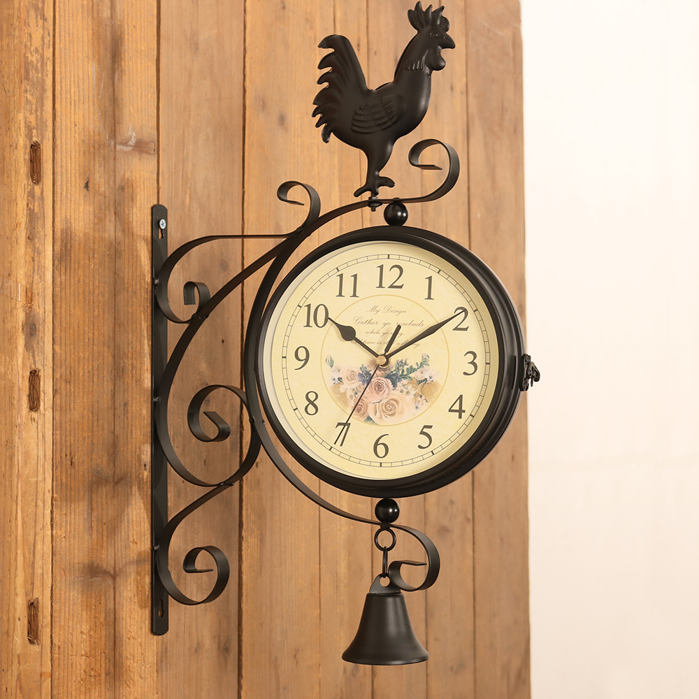 Cross-Border European Creative Double-Sided Wall Clock Home Living Room Decoration Iron Rooster Silent Clock Double Clock