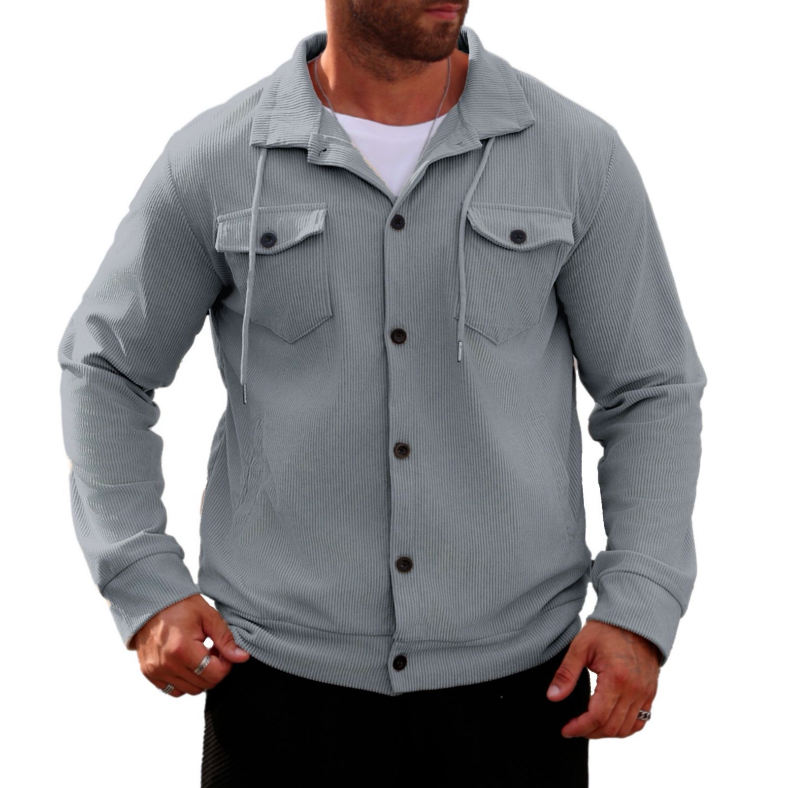 Monochrome Man- 2026 European American Cross-Border Men's Sweatshirt, Autumn And Winter Corduroy Buttoned Work Jacket, Multi-Pocket_voghion.com