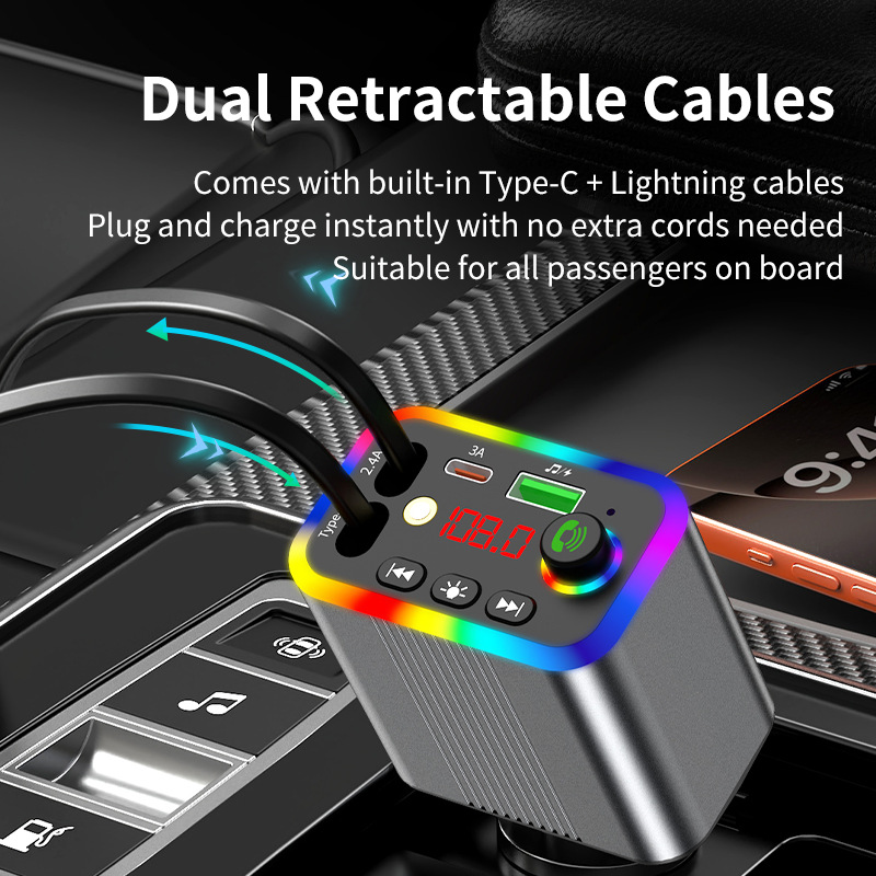 R4R6 Car Bluetooth MP3 Player comes with a retractable cable and supports fast charging for mobile phones, 2026 new model, foreign trade supply