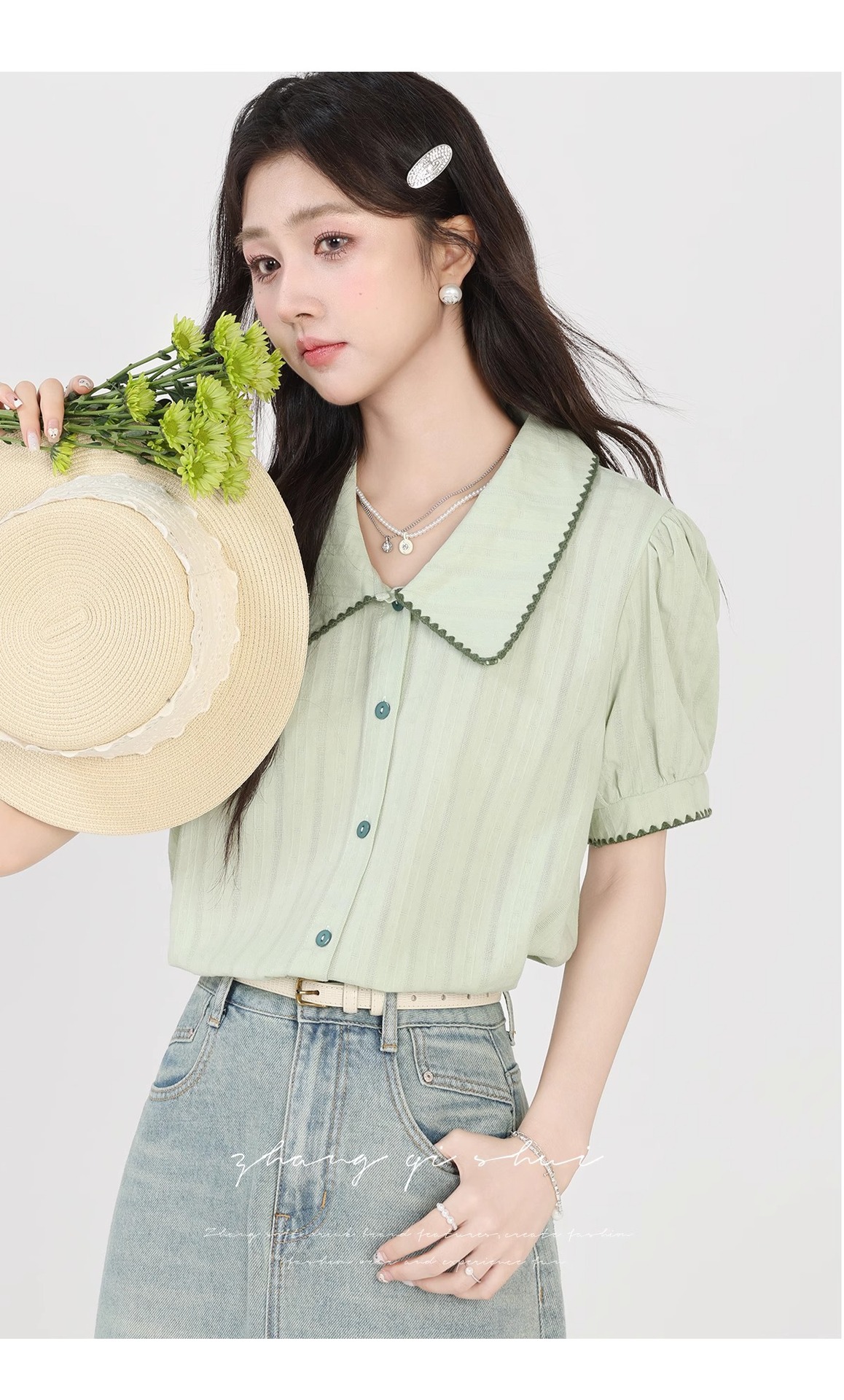 Áo sơ mi nữ cotton ngắn tay cổ búp bê xanh nhạt phong cách mới mùa hè — Màu xanh lục nhạt chi tiết 12
