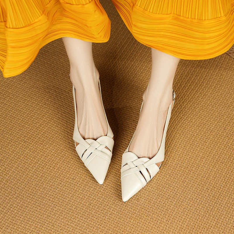 Элегантные плетеные полые женские летние босоножки на высоком каблуке во французском стиле с закрытым носком 2023 Новые туфли на шпильке из натуральной кожи с острым носком