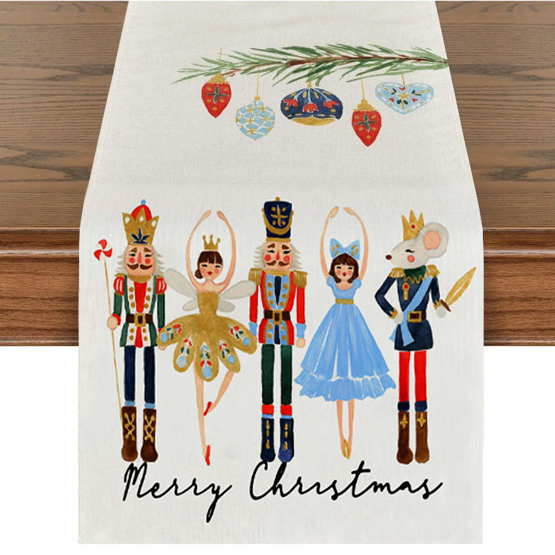 Camino de mesa navideño con estampado de muñeco de nieve y Santa