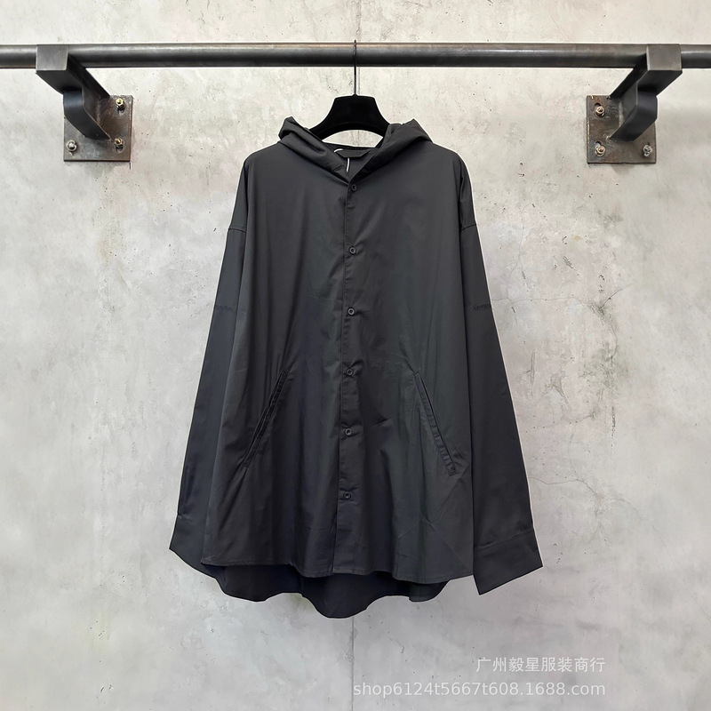 高版本巴黎B家25新款字母logo刺绣休闲宽松男女透气长袖连帽衬衫|undefined