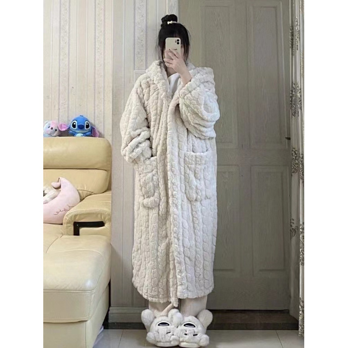 Pijama de invierno de mujer de lana gruesa simple encapuchado de color sólido pijama casero vestido de rodilla larga al por mayor