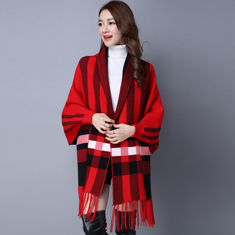 Kaschmirschal für Damen mit Ärmeln, hochgekrempelter, gestreifter Fransen-Cape, Herbst- und Winter-Versailé-Schal, Knied-Wolle_voghion.com