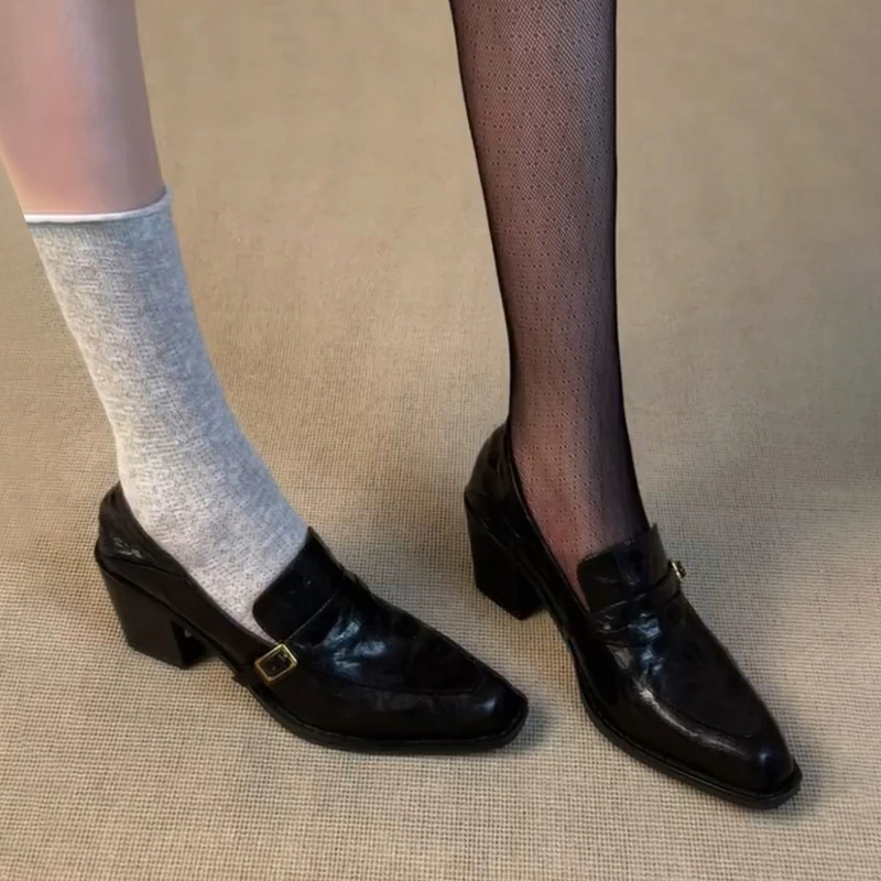 Sheepskin version ~ British-style buckle loafers for women, slip-on, chunky heel, pointed-toe, high-heeled, and suitable for commuting