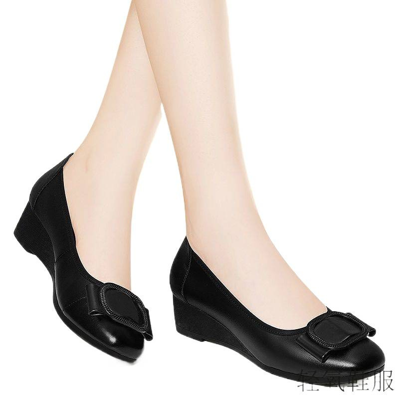 专业鞋真皮坡跟单鞋女2025年新款春夏平底黑色软底软皮妈妈小皮鞋|undefined