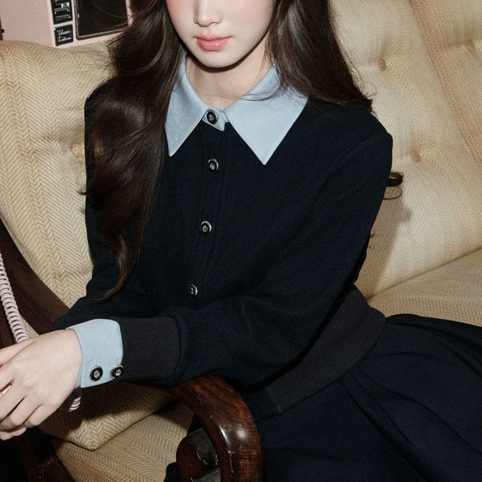 Avenemet/Contrast Color Lapel Fake Two-Piece Knitwear Jacket Daughter's Preppy Style Long-Sleeved Top for Women in Autumn and Winter