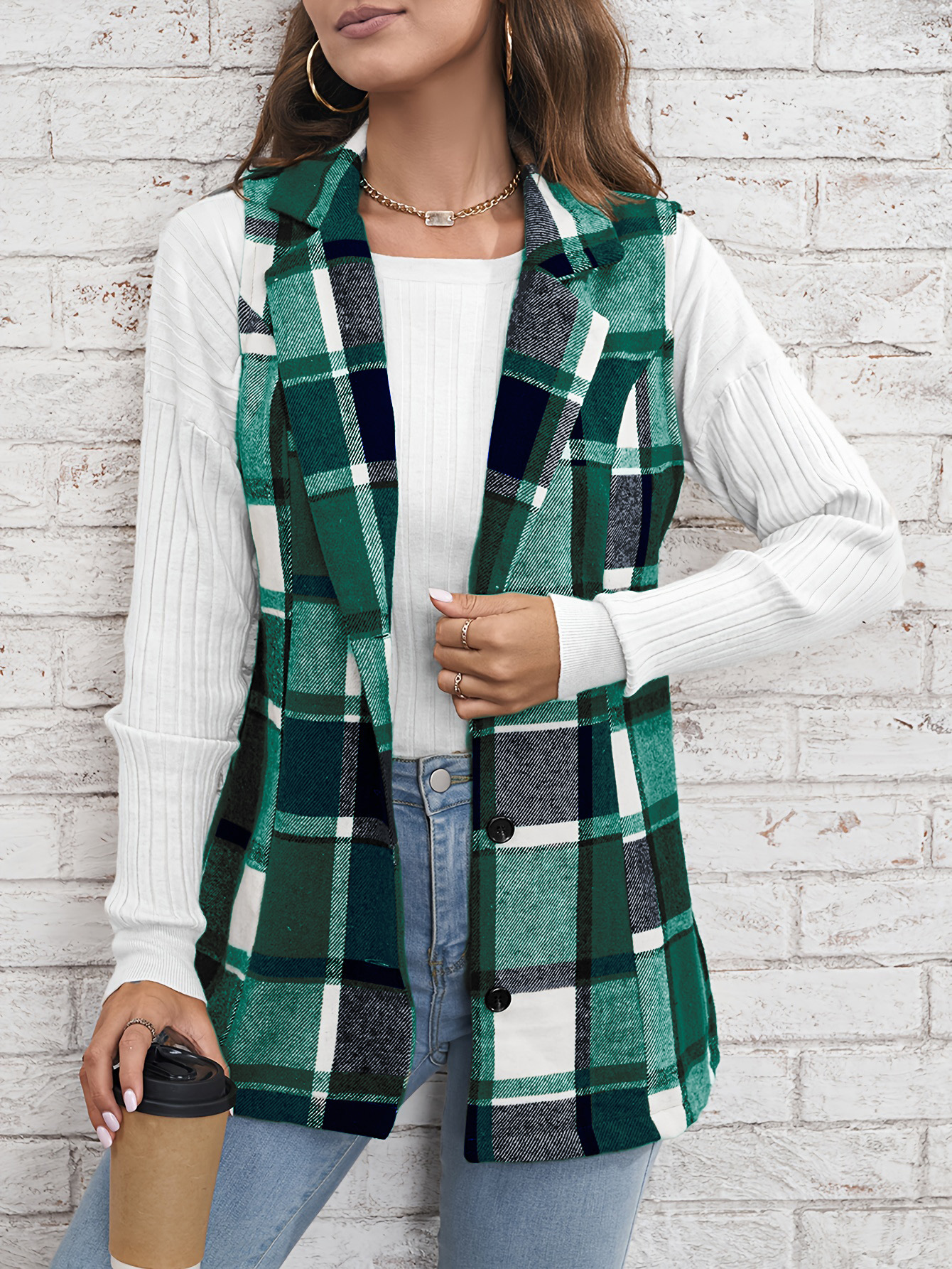 Fashion women‘s lapel suit vest plaid jacket