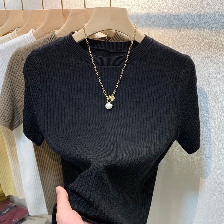 2024 Summer New Slim-fit Knitwear Short-sleeved Top Women's Pullover Sweater Inner Short Round Neck Base Shirt