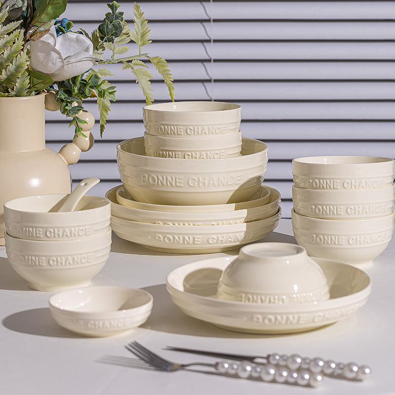 Kangmo Cream Style Embossed Letter Ceramic Dinnerware Set, Home Use Bowl and Plate Combination, Milk White Dishes for Housewarming
