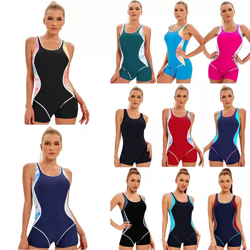 2022新款外贸欧美运动连体泳衣女亚马逊性感露背拼色平角泳装批发