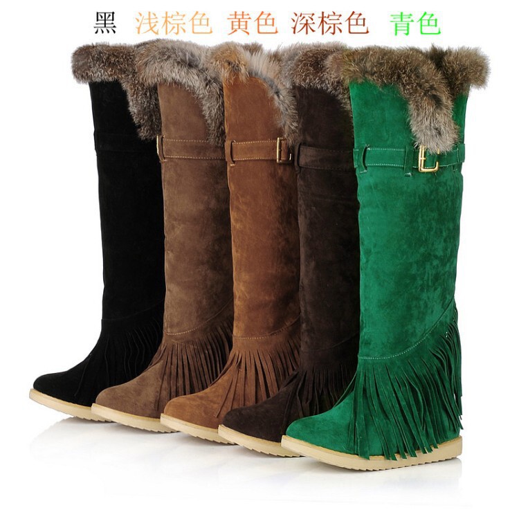 40-43 European and American Foreign trade tassel suede low heel high knee boots rabbit fur casual boots W327