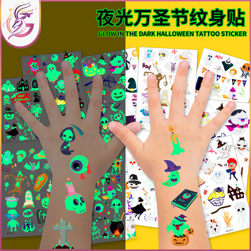 Halloween luminous tattoo stickers waterproof long-lasting fluorescent green children's new cartoon face luminous tattoo stickers Halloween luminous tattoo stickers waterproof long-lasting fluorescent green children's new cartoon face luminous tattoo stickers