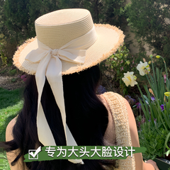 麦わら帽子 蝶結び フラットトップ フレンチスタイル 大きめ頭囲 麦わら帽子 女性用 夏用 大きなつば 日よけ帽子 日焼け防止 通気性