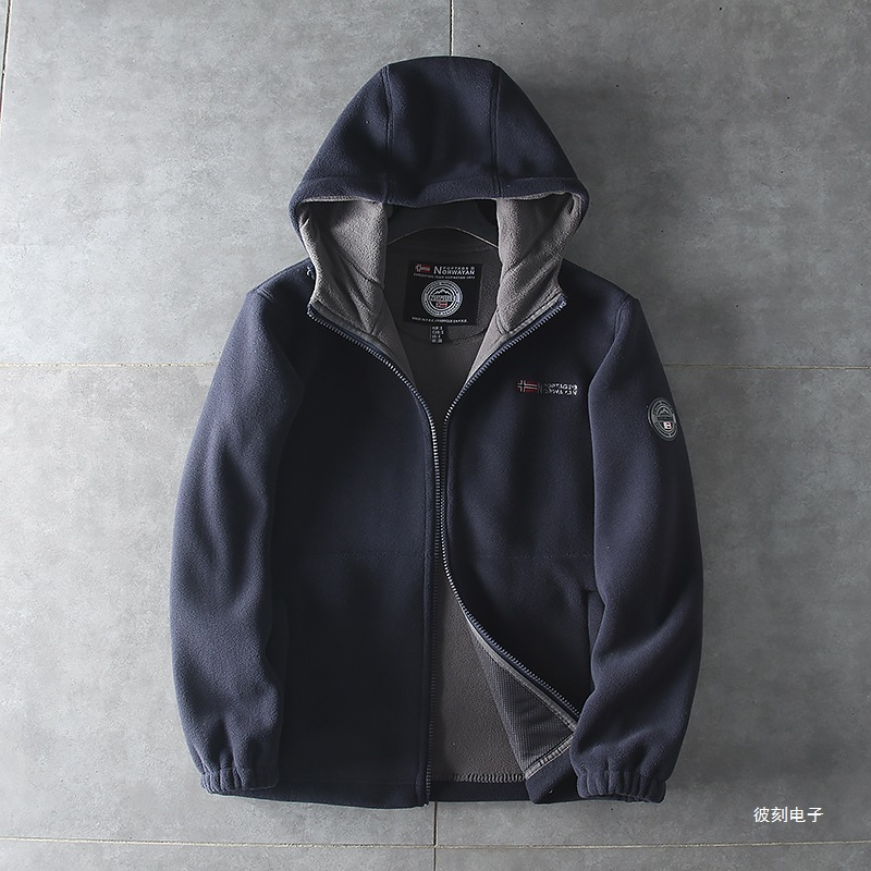 POPTAGS/挪威男女同款连帽加绒加厚摇粒绒外套AB面撞色保暖防静电