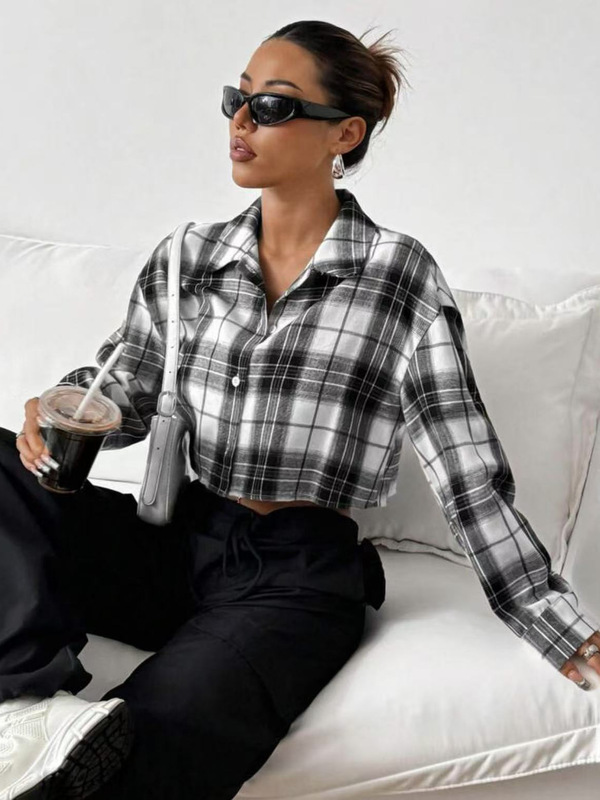 クロスボーダー 2025 ヨーロッパとアメリカの新しい女性のカジュアルラペルチェック柄シャツアマゾンシングルブレストカーディガンショートコート女性用|undefined