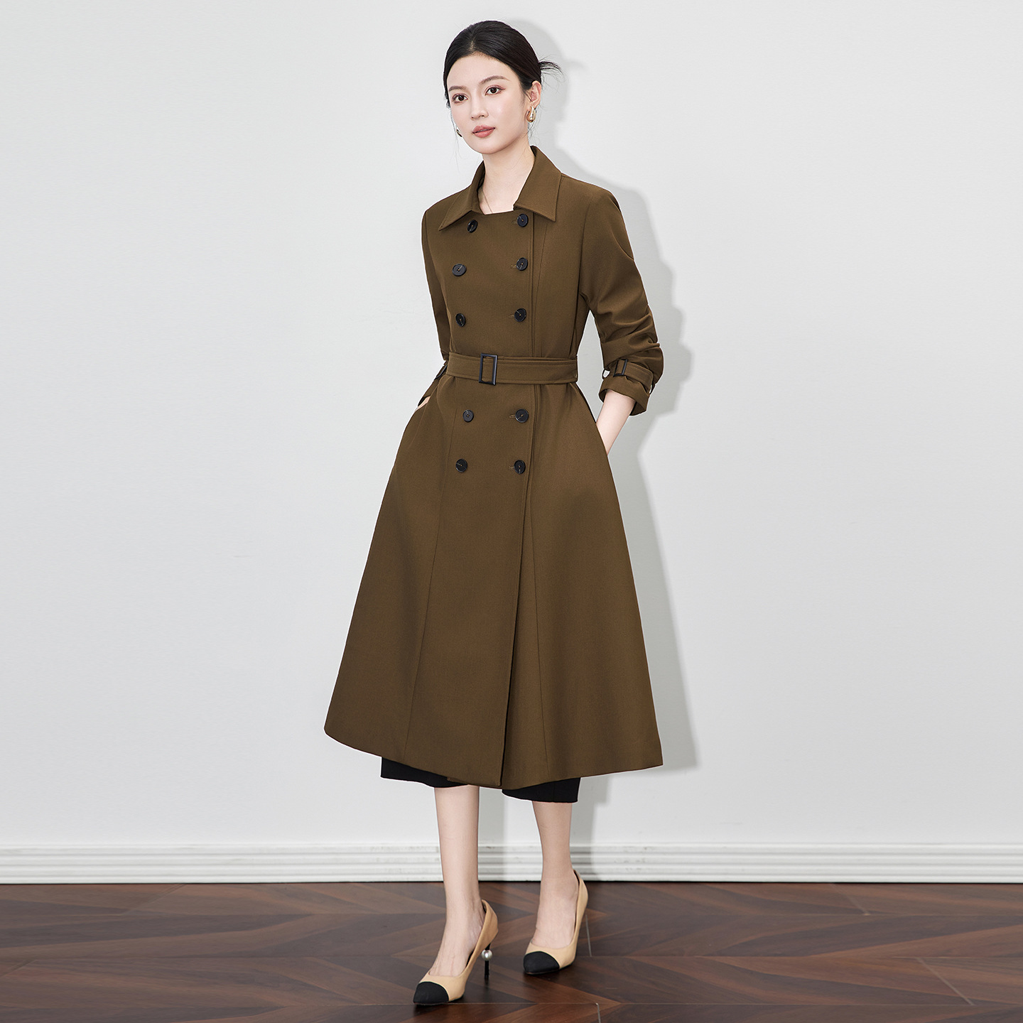 2512811-Nanyou Accessible Luxury High-Quality Waist Slimming Look Mid-Length Large Hem A-Line Windbreaker Jacket Autumn and Winter New Style for Women