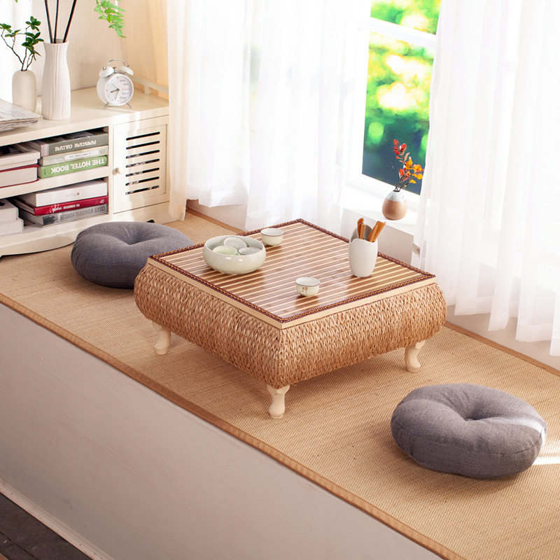 Rattan-woven Tatami Tea Table, Japanese-Style Traditional Studies Bay Window Desk, Minimalist Windowsill Small Table, Balcony Tea Table, Solid Wood Kang Table