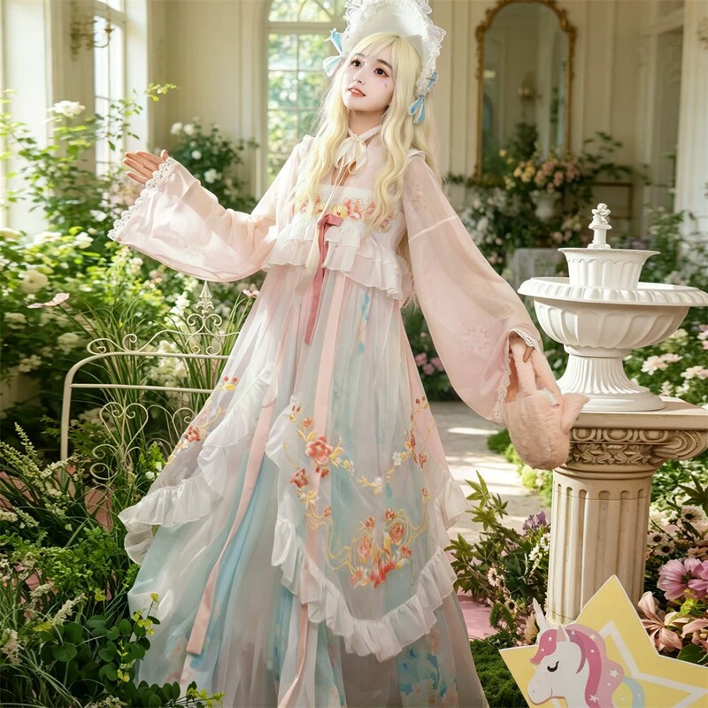 French-Style Lolita Han-Yang Eclectic Hanfu Dress for Women, Gradient Floral High-Waist Dress, Sweet Style, Everyday Wear, Fairy-Like Dress
