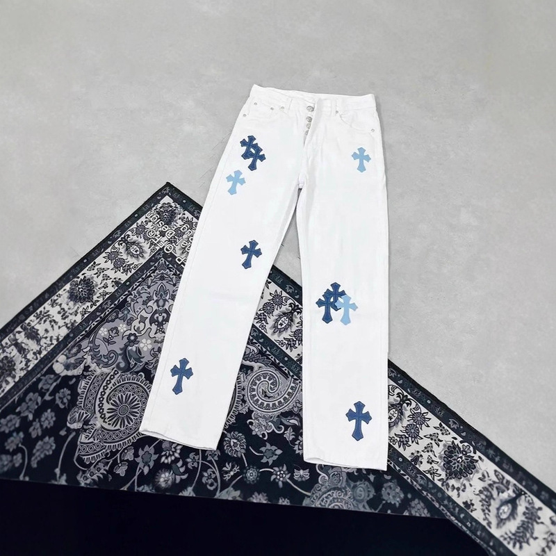 Quality Crow Cross Blue Label Jeans Men's Women's Loose Straight American Fashion Brand White Wide Leg Pants Quality Crow Cross Blue Label Jeans Men's Women's Loose Straight American Fashion Brand White Wide Leg Pants