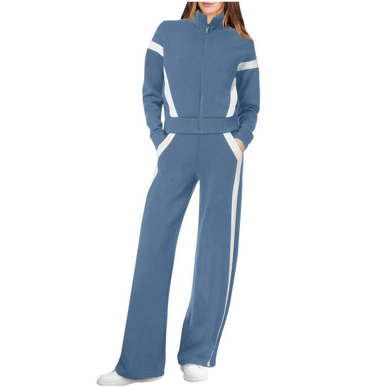 2024 Amazon Europe and the United States foreign trade new stand collar long sleeve stitching color matching casual sweater suit 2024 Amazon Europe and the United States foreign trade new stand collar long sleeve stitching color matching casual sweater suit