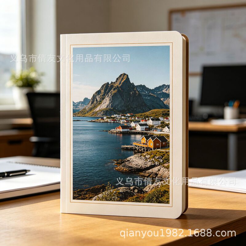Lofoten Islands Scenery Notebook with Fine Gold Edge Frame Design, Light Luxury Artistic Business Office Record Journal