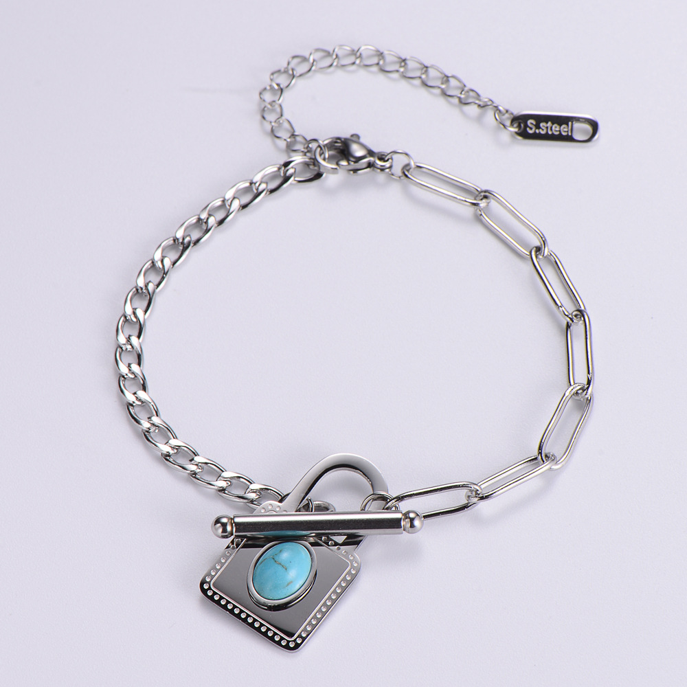 Stainless Steel Jewelry Wholesale New Light Luxury Creative Inlaid Turquoise Lock Bracelet display picture 4