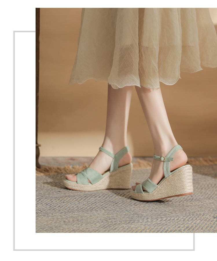 Sandal cao gót nữ hở mũi đế xuồng gót cao 9 cm, quai ngang đan dây thừng — Xanh lá cây nhạtcolor chi tiết 17
