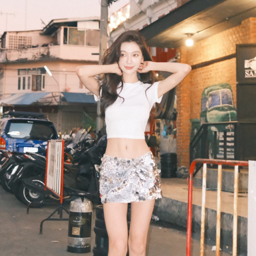 SK short sleeve women's summer slim slim T-shirt shirt top exposed navel pure to show the chest solid color base t to show the body slim