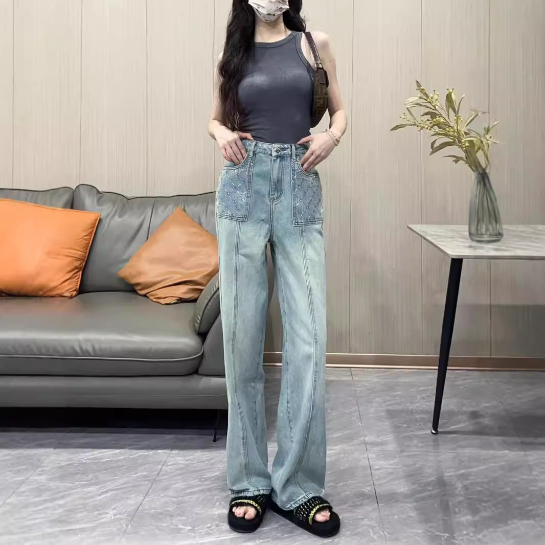 NANYOU 하이 엔드 여성 24 초가을 새로운 하이 웨이스트 올 매치 프론트 포켓 핫 드릴링 리어 자수 패션 데님 바지