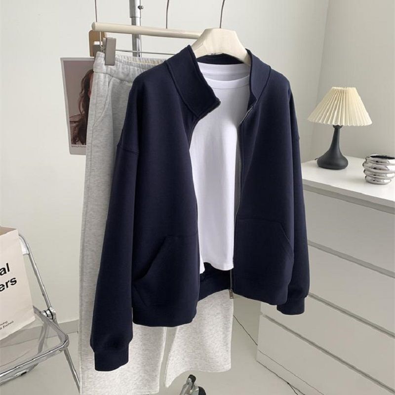 New Air Layer Large Size Elegant Zipper Sweatshirt Spring & Fall Versatile Navy Blue Stand Collar Age-Reducing Whitening Jacket for Women