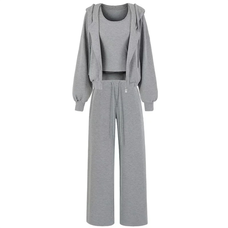 Autumn New Sports Suit Women's Hooded Zipper Waffle Casual Loose Sweatshirt Elastic Waist Pants Suit
