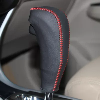 Hand-Sewn Genuine Leather Gear Handle: Sürətlər qutusu və əl tormozu başlıqları - lingpaijade-black-leather-red-thread