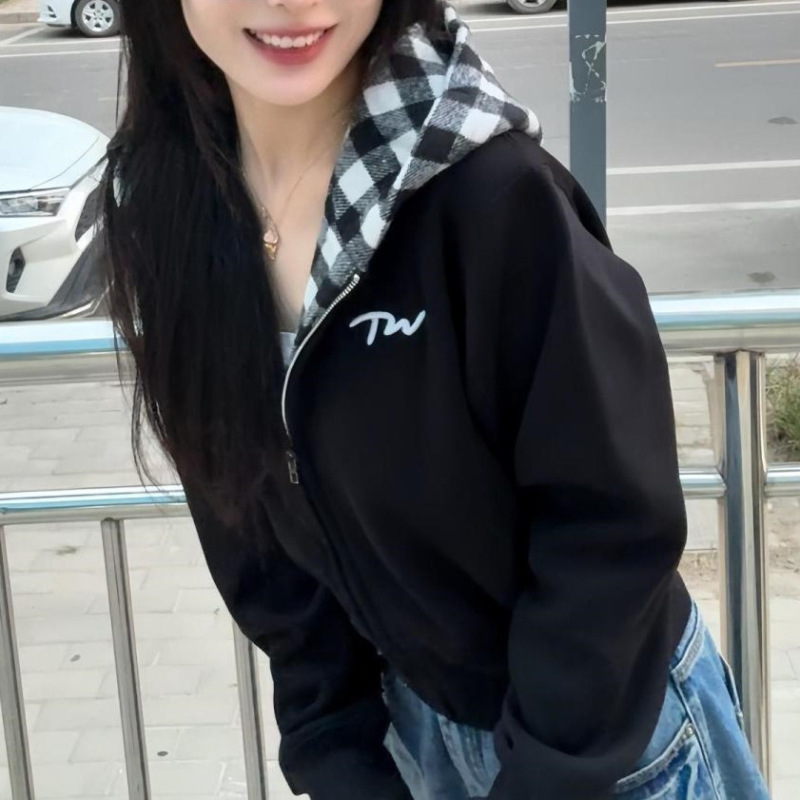 美式复古黑白格子拼接连帽卫衣女秋冬新款宽松慵懒风开衫短款外套|undefined
