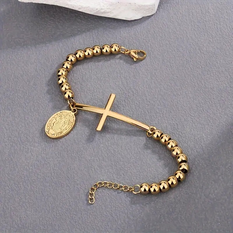 1 Piece Quantity Vintage Style Classic Style Cross 304 Stainless Steel Beaded Chain Bracelets In Bulk