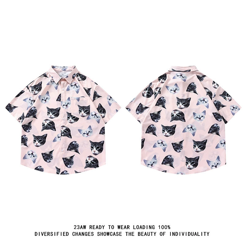 Пляжная рубашка с короткими рукавами кардиган Летний новый кошачий принт топ повседневный дикий отворот рубашка с короткими рукавами