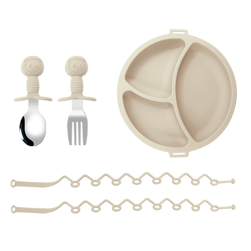 Placa de comedor de cadena anti-pérdida para niños, entrenamiento para bebés, plato de comedor dividido, cuchara de tenedor, suplemento alimenticio de silicona para bebés, cuchara de oso, tenedor